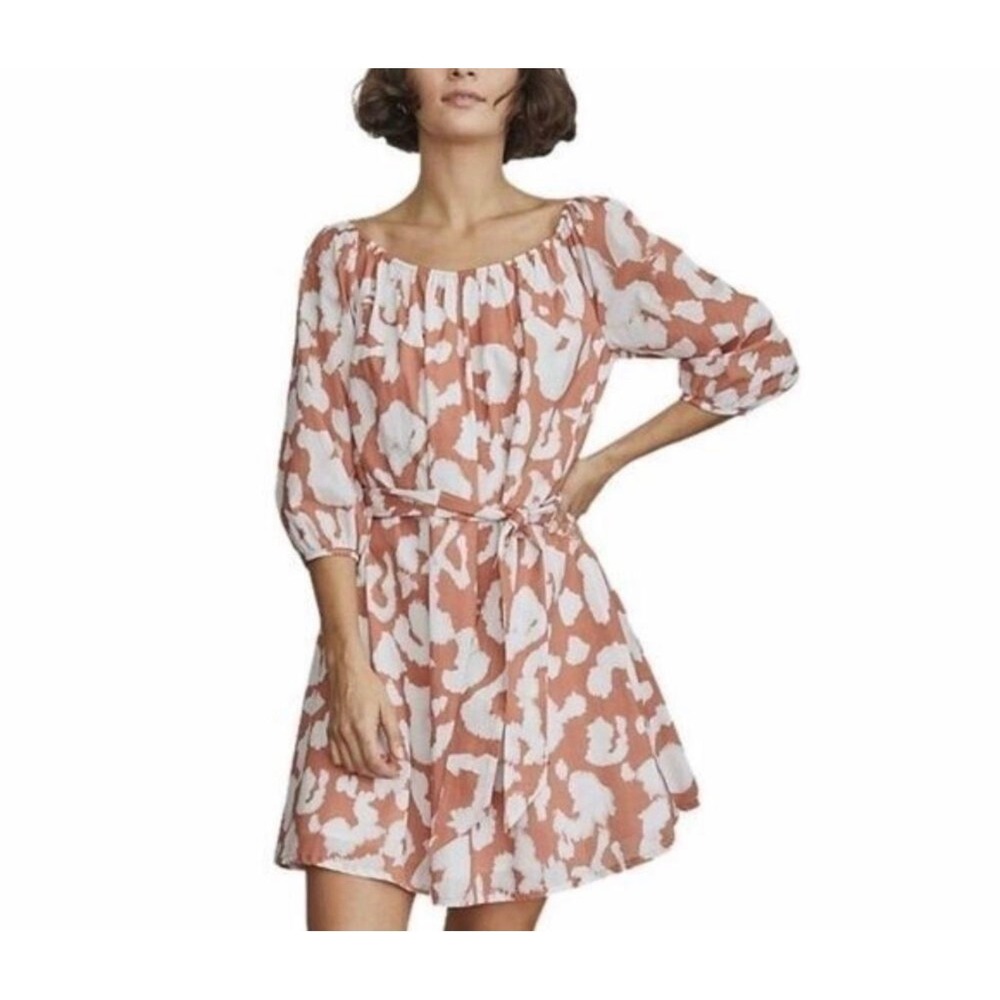 Elizabeth and James Rust Orange Abstract Mini Dress L 100% Cotton Off Shoulder